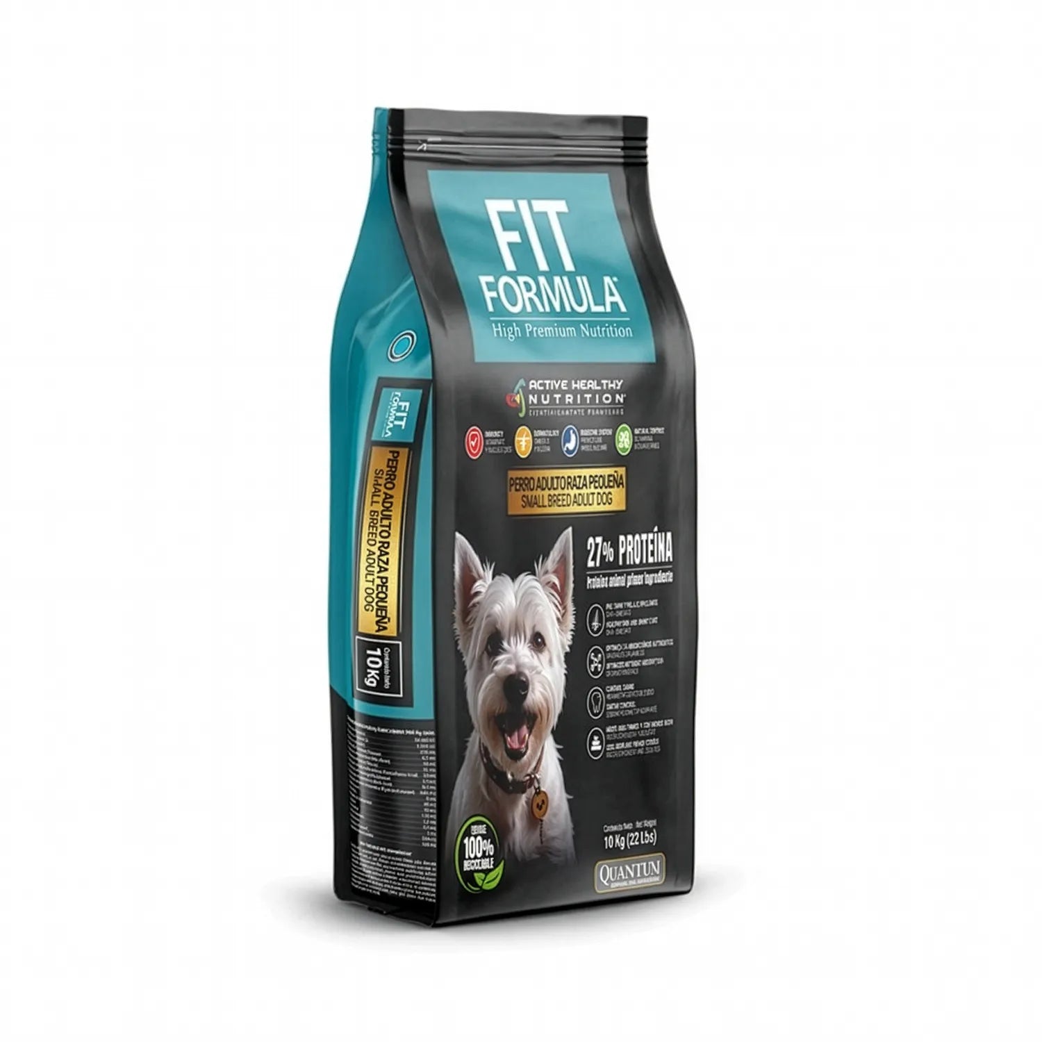 Fit Formula Perro Adulto Raza Pequeña alimento seco en bolsa negra y verde con imagen de perro blanco, fórmula alta en proteína