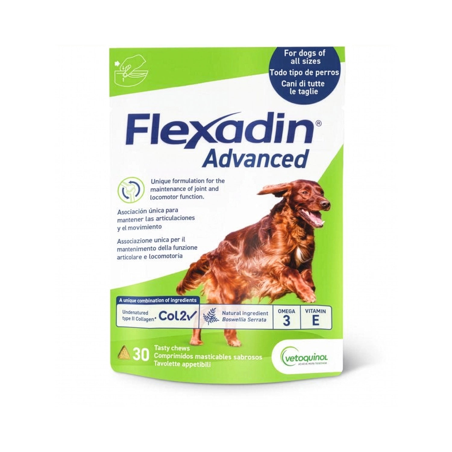 Flexadin Advanced Perros, suplemento articular Vetoquinol con 30 comprimidos masticables para perros de todos los tamaños.