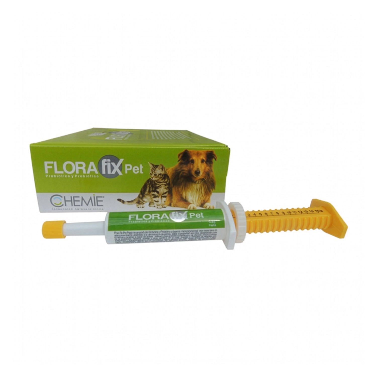 Florafix Pet en jeringa dosificadora verde y amarilla para apoyo digestivo y equilibrio intestinal en mascotas.