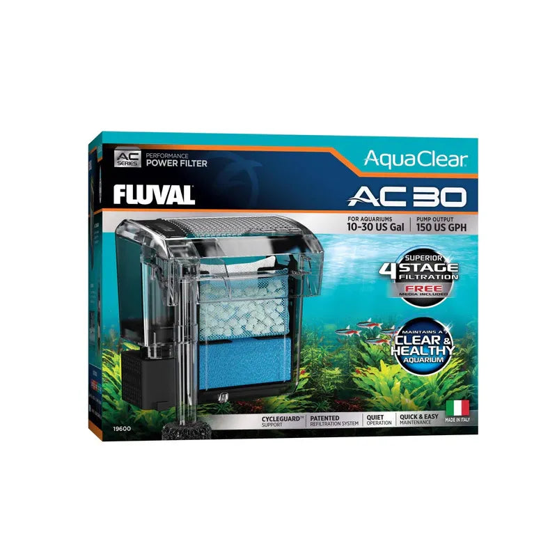 Fluval Aquaclear AC 30 Filtro Mochila en caja original, filtro para acuarios con sistema de 4 etapas y diseño transparente