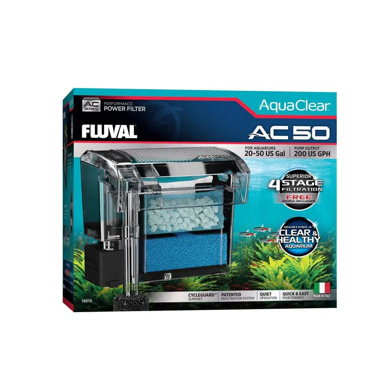 Fluval Aquaclear AC 50 Filtro Mochila en caja original, filtro para acuarios con sistema de 4 etapas y diseño transparente