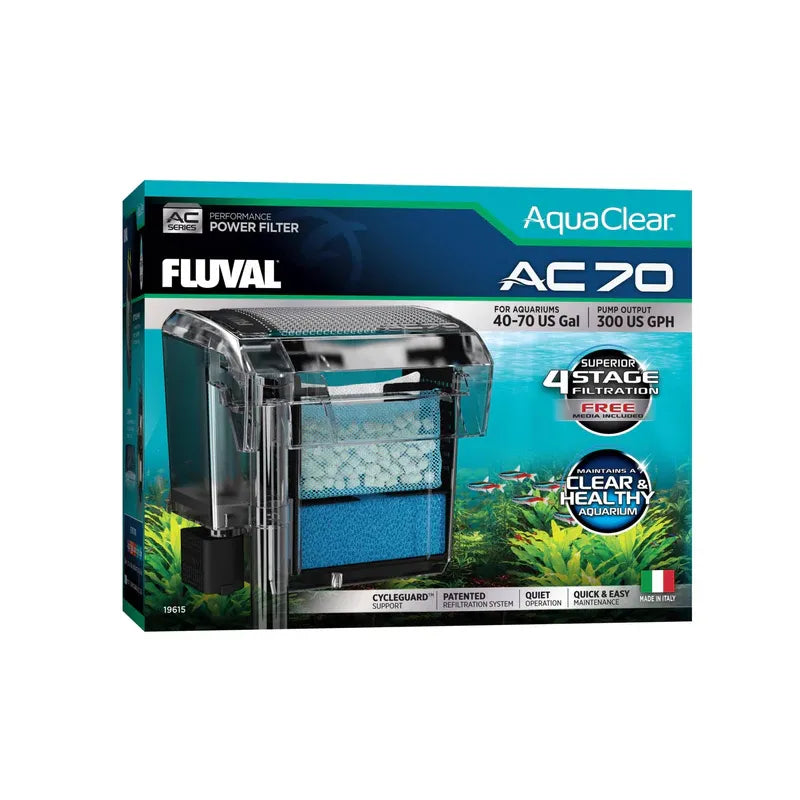 Fluval Aquaclear AC 70 Filtro Mochila en caja original, filtro para acuarios con sistema de 4 etapas y diseño transparente