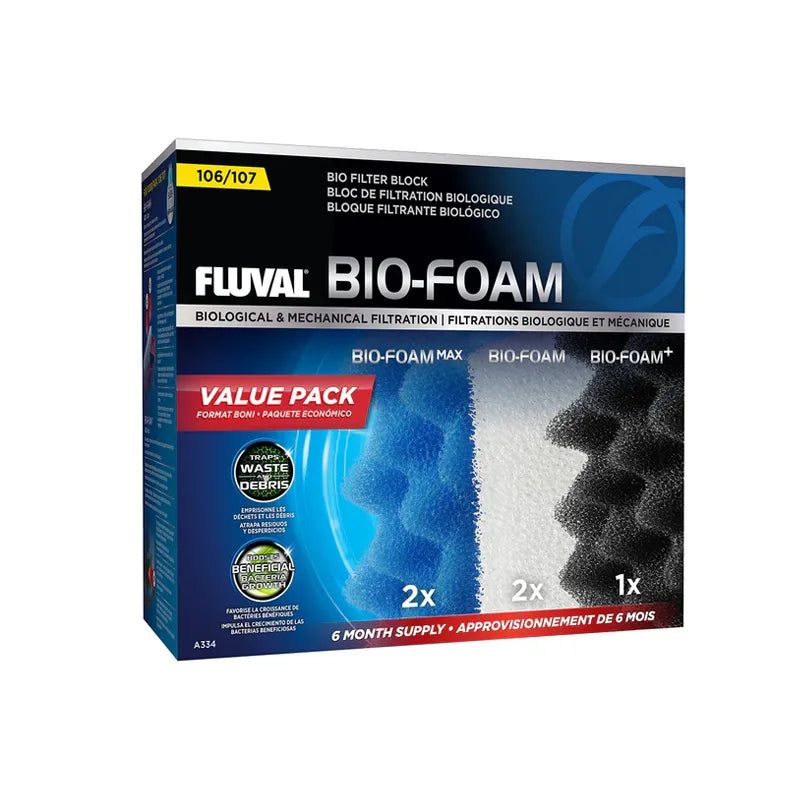 Fluval Filtro 106 y 107 Bio-Foam Value Pack empaque con esponjas azul, blanca y negra, material filtrante para acuarios eficiente