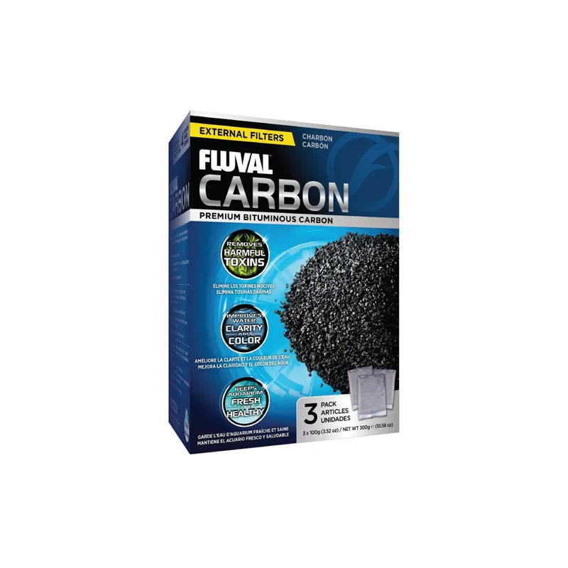 Fluval Carbón Activador para Filtros CARBON BOLSAS 3X 100 GR en caja, carbón activado granulado para mejorar claridad del agua