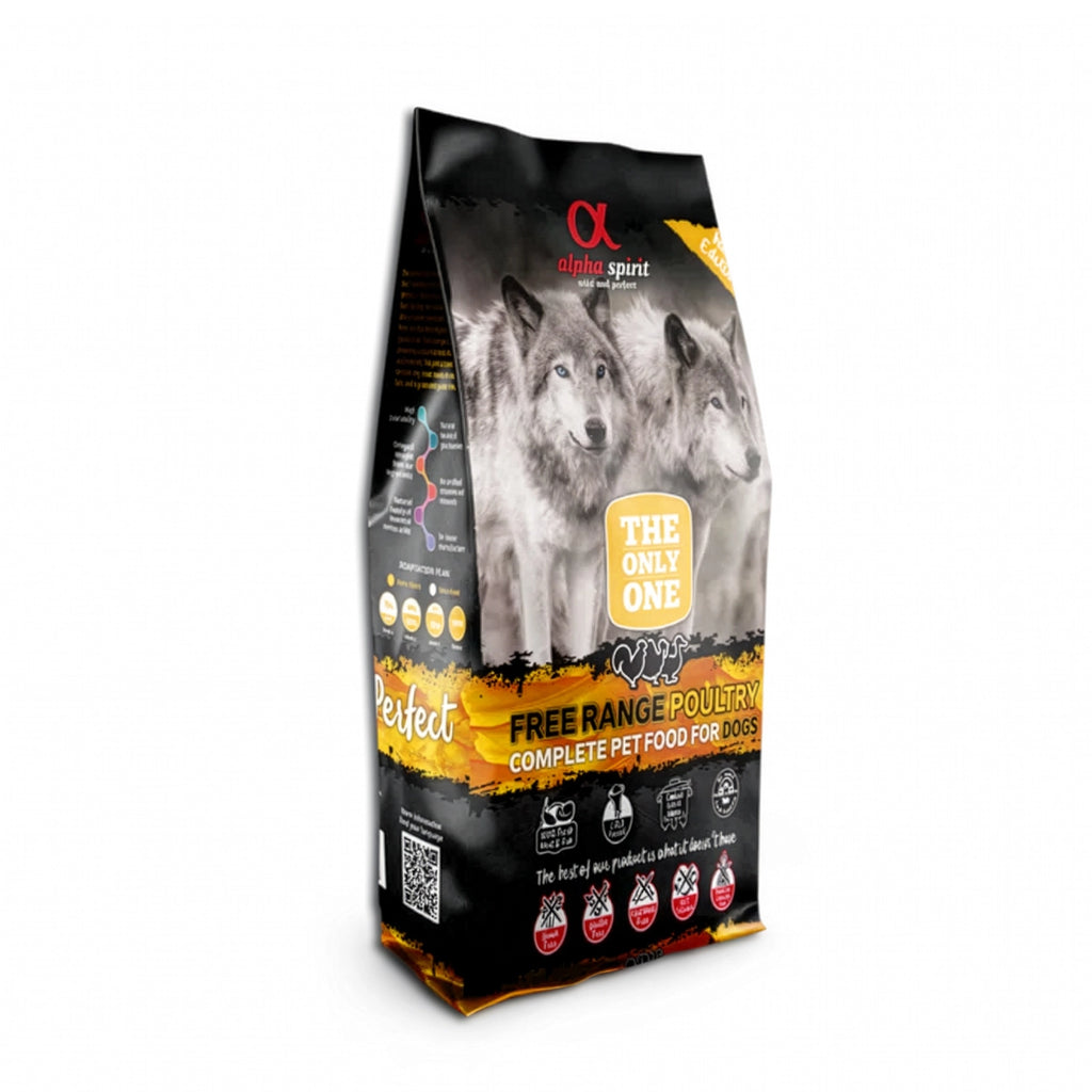 Alpha Spirit The Only One Complete Poultry para Perros en bolsa original con ilustración de lobos, alimento seco completo con aves de corral.
