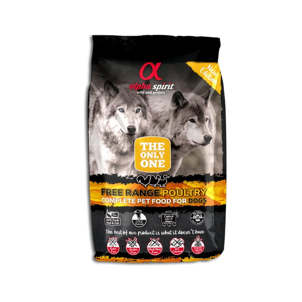Alpha Spirit The Only One Complete Poultry para Perros en bolsa original con ilustración de lobos, alimento seco completo con aves de corral.
