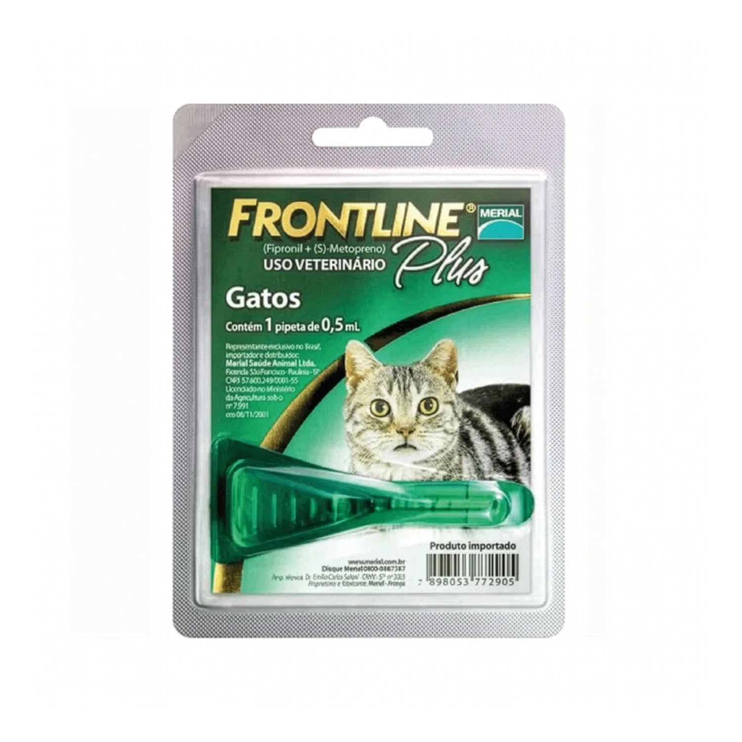 Frontline Plus Pipeta para Gatos, antiparasitario veterinario con fipronil y metopreno en pipeta individual de 0,5 ml.