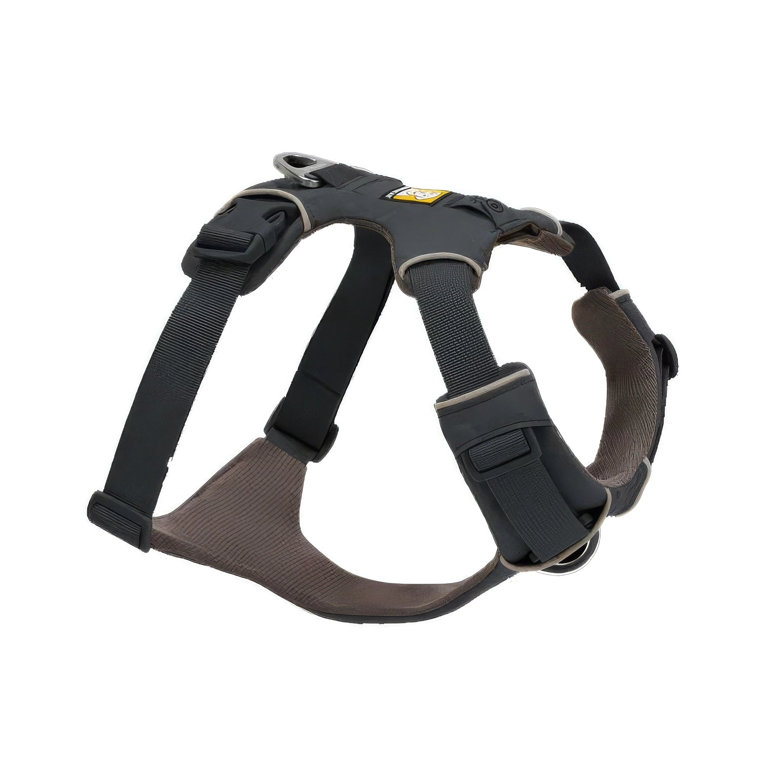 Arnés para Perros "Front Range" Ruffwear en color Basalt Gray, con acolchado, cuatro puntos de ajuste y anillo metálico para correa.