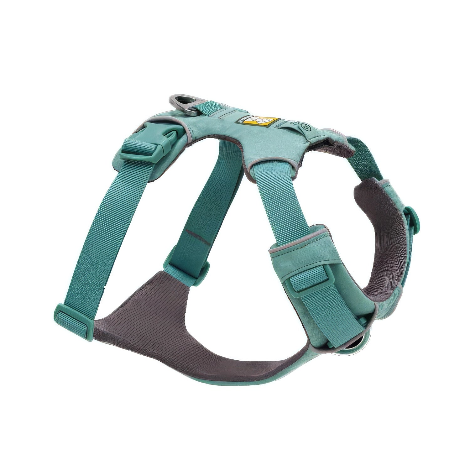 Arnés para Perros "Front Range" Ruffwear en color River Rock Green, con acolchado, cuatro puntos de ajuste y anillo metálico para correa.