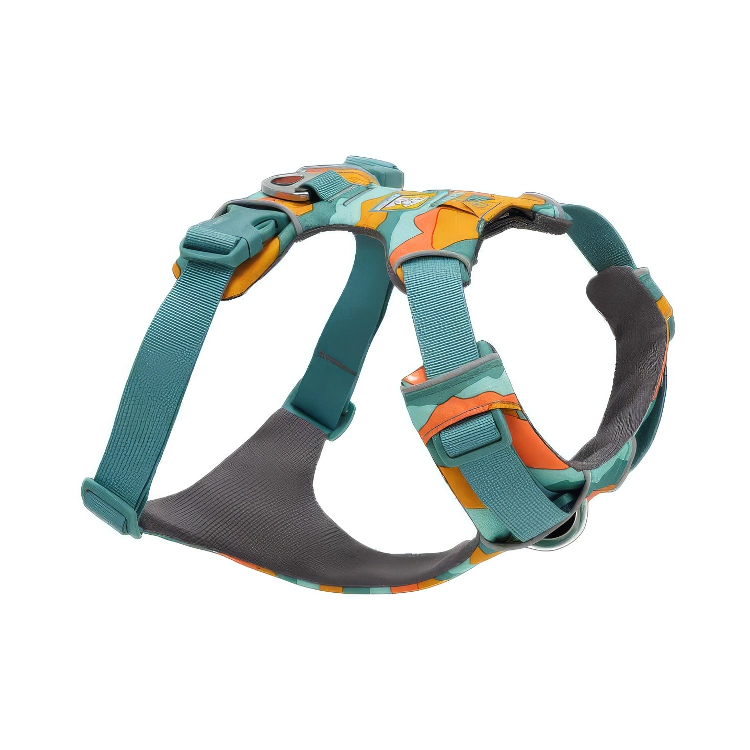 Arnés para Perros "Front Range" Ruffwear en color Spring Mountain, con acolchado, cuatro puntos de ajuste y anillo metálico para correa.