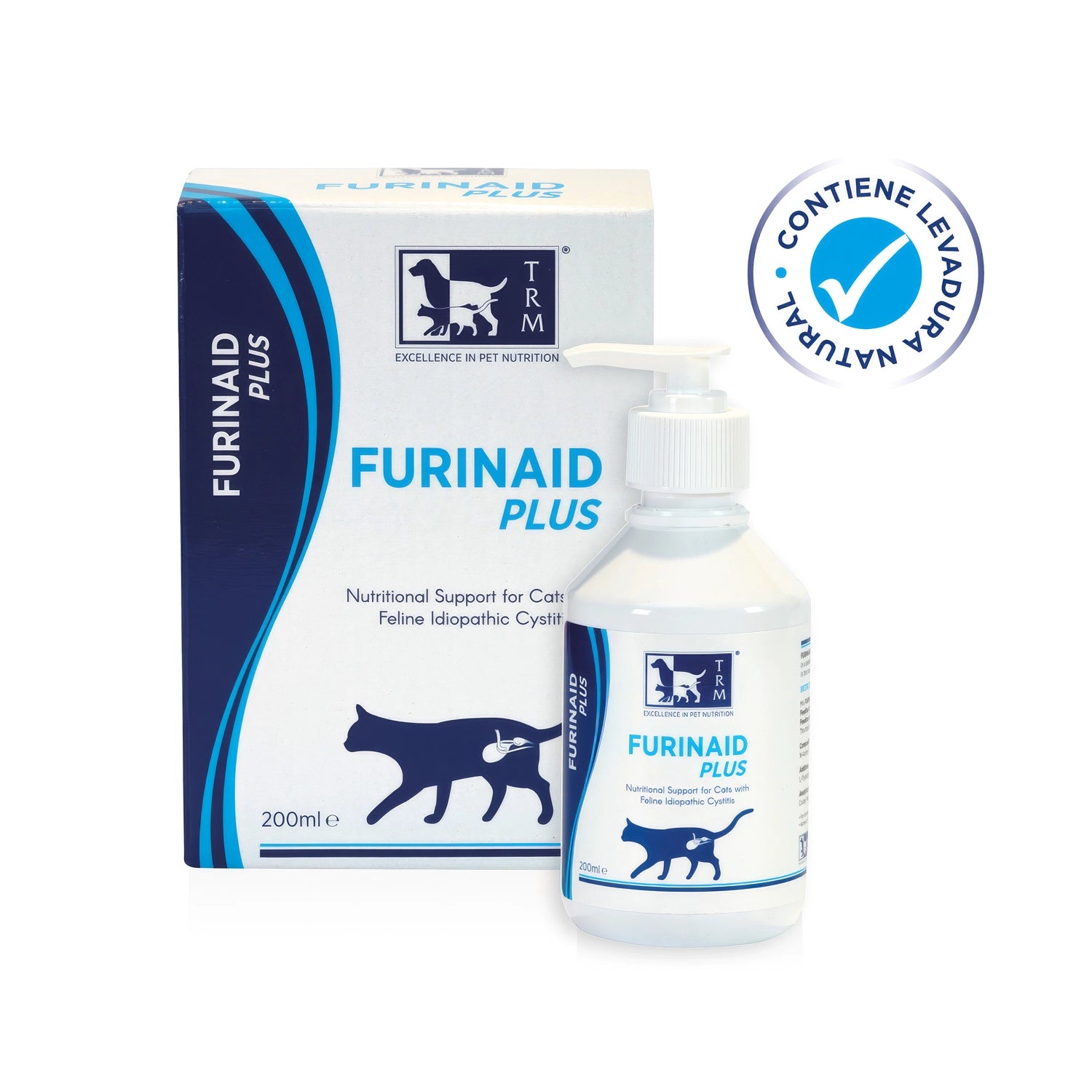 Furinaid Plus TRM Suplemento Gatos en caja y frasco dosificador de 200 mL, con ilustración felina y diseño azul y blanco.