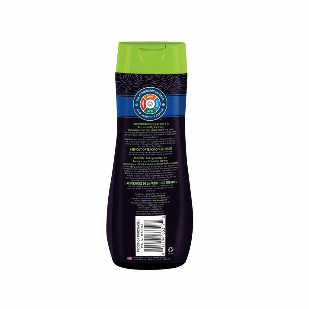 Shampoo Exceso de Pelecha FURminator para perros en botella negra con tapa verde, formulado para ayudar a reducir la caída del pelo.