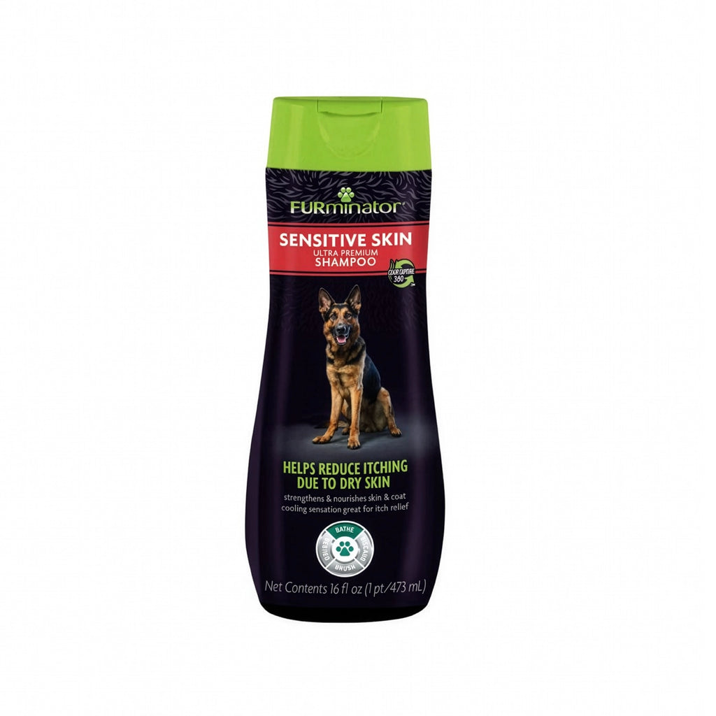 Shampoo Piel Sensible Contra Picazón FURminator en botella con tapa verde y etiqueta con perro, ideal para aliviar la piel seca y sensible.