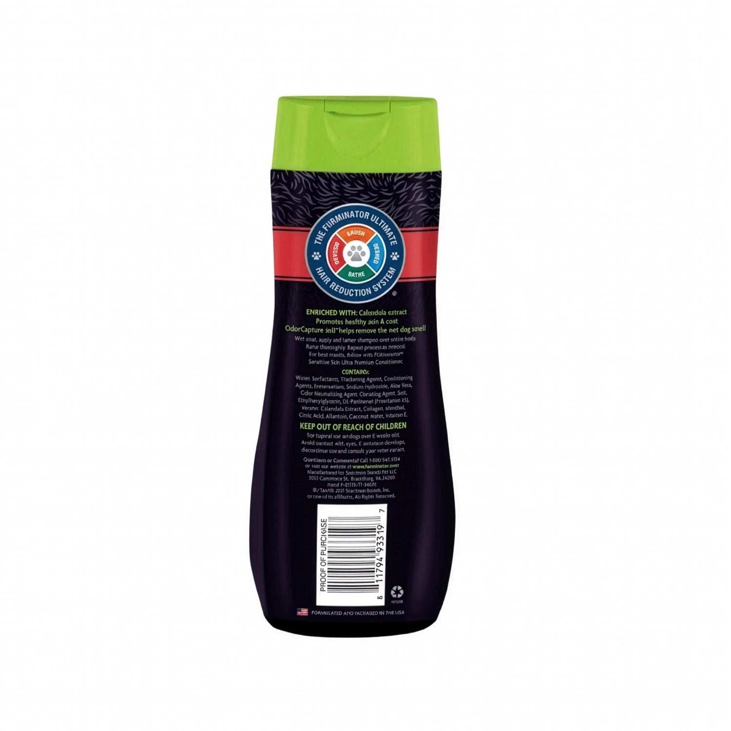 Shampoo Piel Sensible Contra Picazón FURminator en botella con tapa verde y etiqueta con perro, ideal para aliviar la piel seca y sensible.