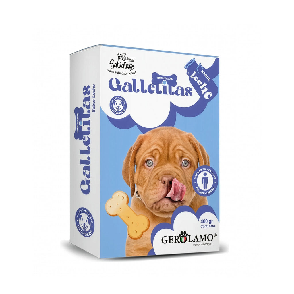 Gerolamo Galletas Huesito Leche para Cachorros, galletas horneadas sabor leche con forma de hueso en caja de 460 g.