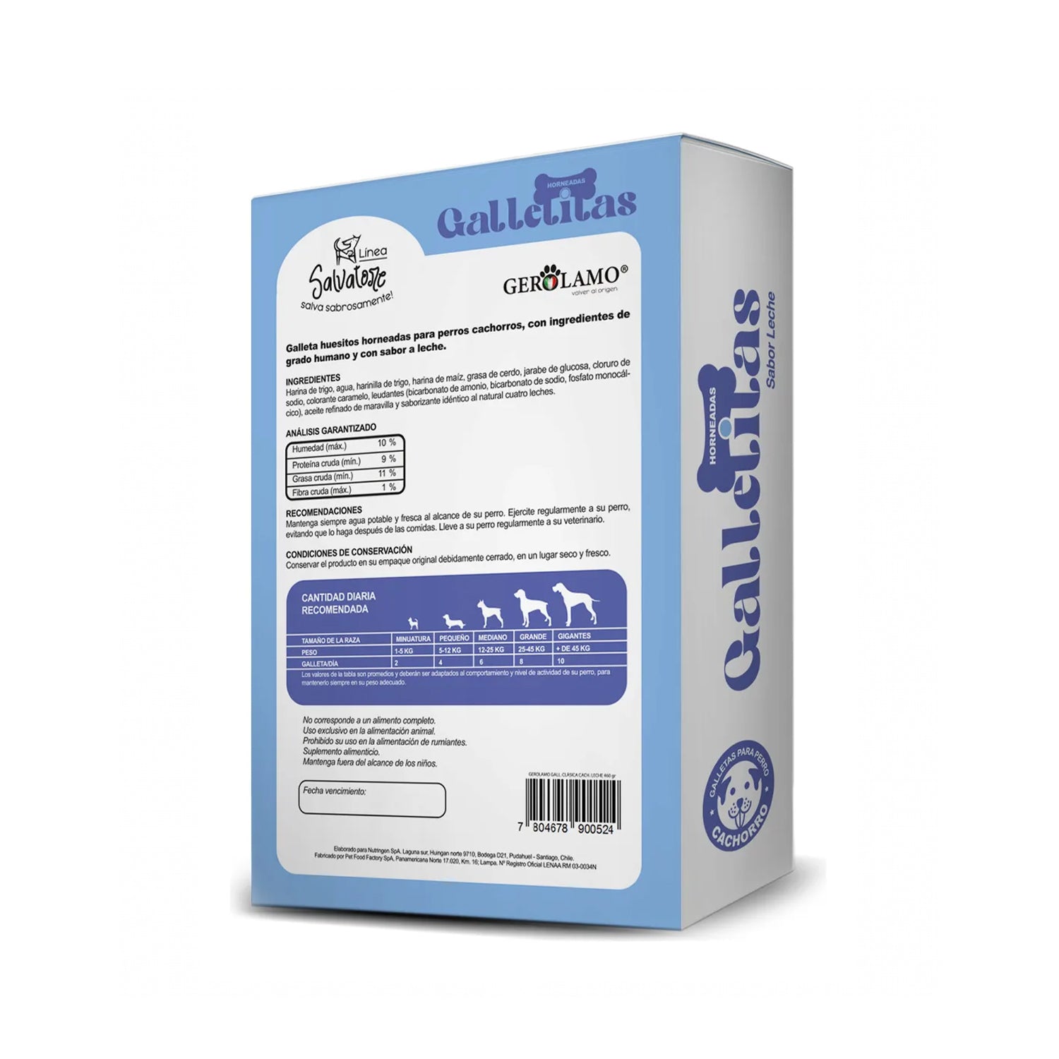 Gerolamo Galletas Huesito Leche para Cachorros, galletas horneadas sabor leche con forma de hueso en caja de 460 g.