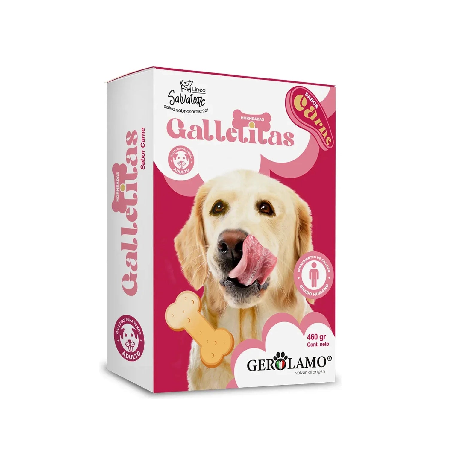 Gerolamo Galletas Hueso Carne para Perros, galletas horneadas sabor carne con forma de hueso en caja de 460 g.