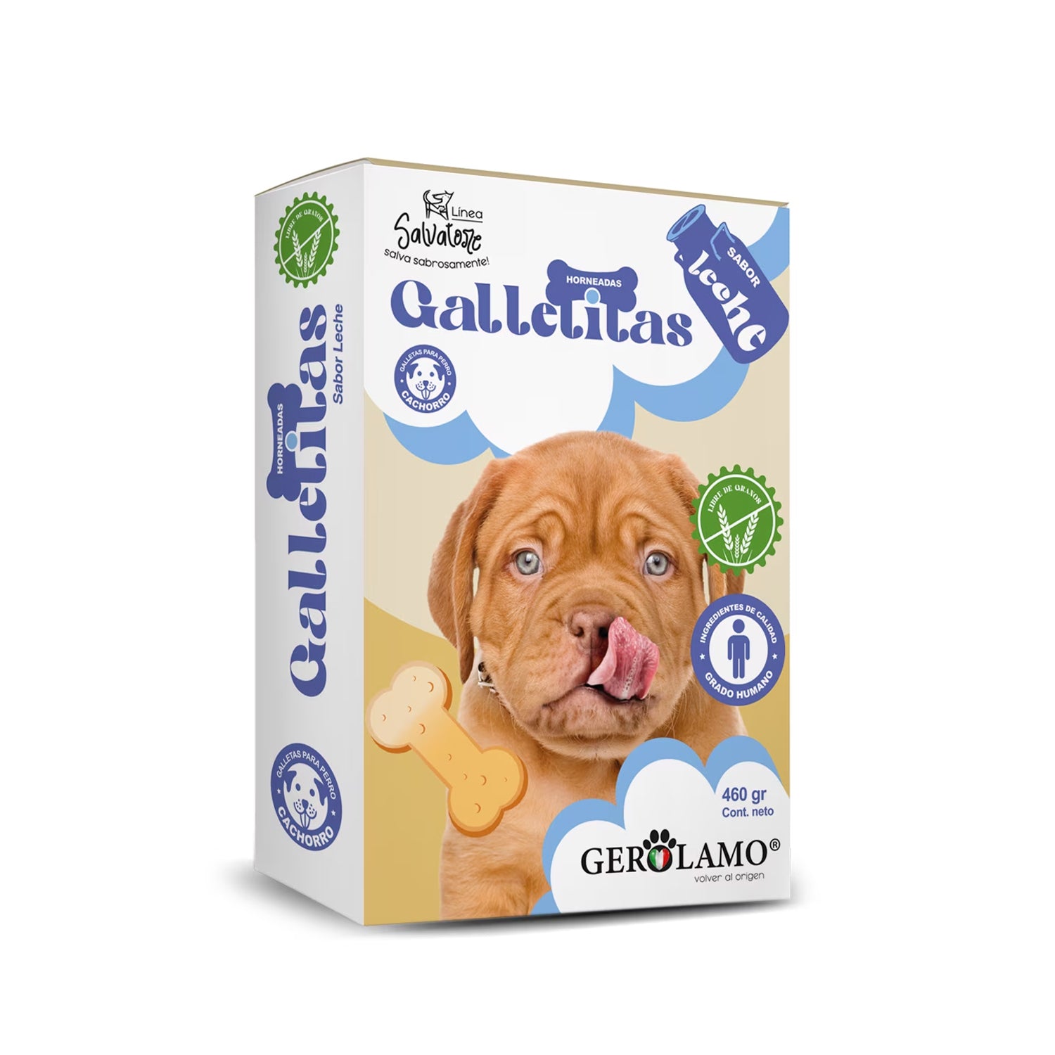 Gerolamo Galletas Hueso Grain-Free Leche para Cachorros, galletas horneadas sabor leche con forma de hueso, caja de 460 g.