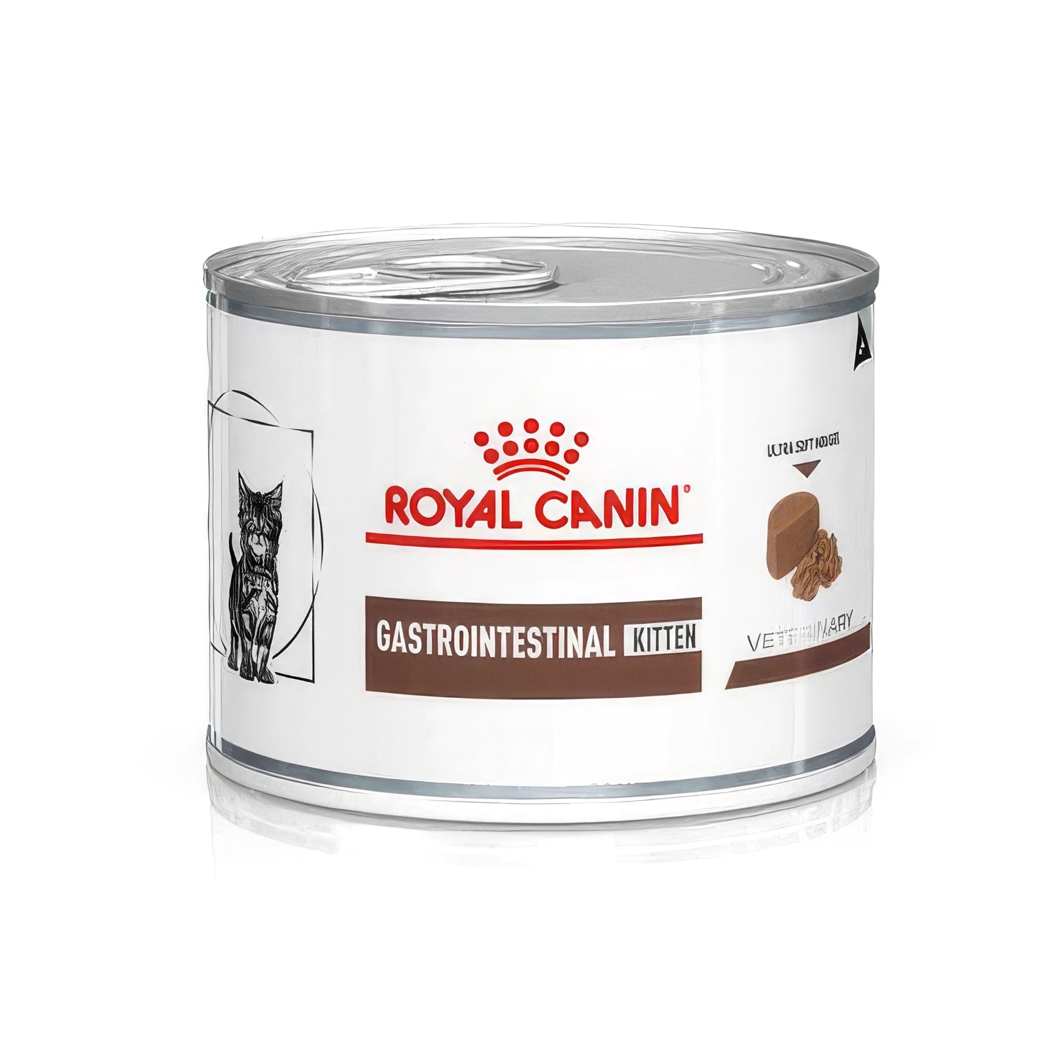 Royal Canin Gastrointestinal Lata Kitten comida húmeda digestiva para gatitos, envase redondo con etiqueta blanca y porción tipo paté