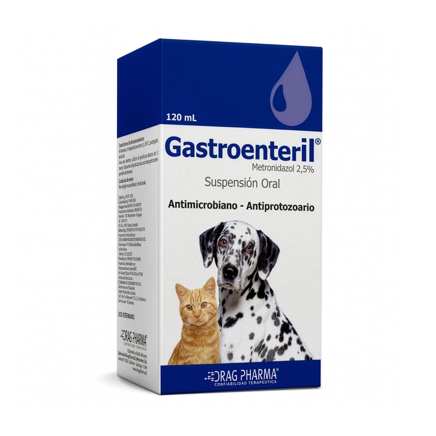 Gastroenteril Suspensión Oral 120 mL para perros y gatos en caja azul y blanca con imagen de perro y gato.