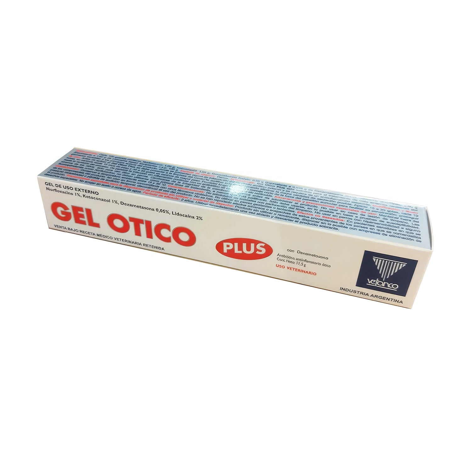 Gel Ótico Plus en caja de uso veterinario para perros y gatos, gel ótico con fórmula de aplicación externa para oídos.
