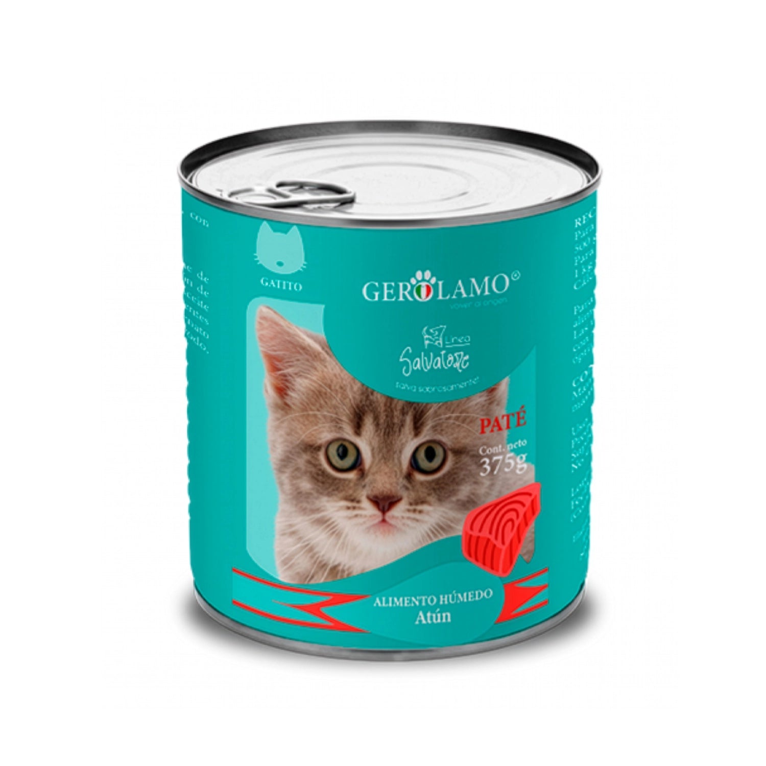 Gerolamo Salvatore Lata Atún para Gatitos, alimento húmedo tipo paté de atún en lata de 375 g.