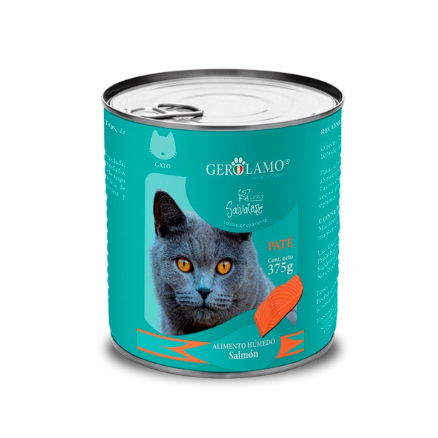 Gerolamo Salvatore Lata Salmón para Gatos, alimento húmedo tipo paté de salmón en lata de 375 g.