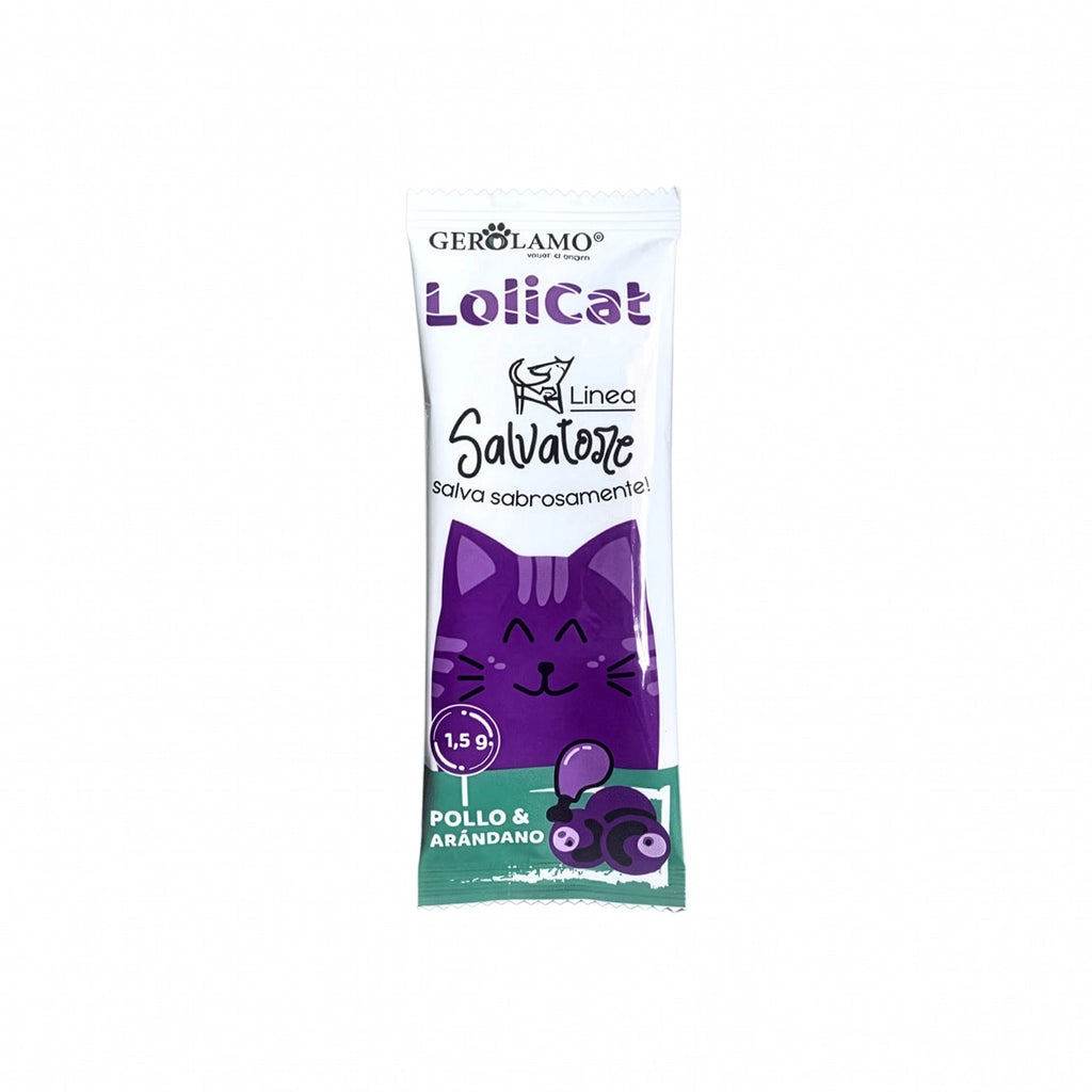 Gerolamo Salvatore Lolicat Pollo y Arándanos para Gatos, snack cremoso sabor pollo y arándano en envase individual.