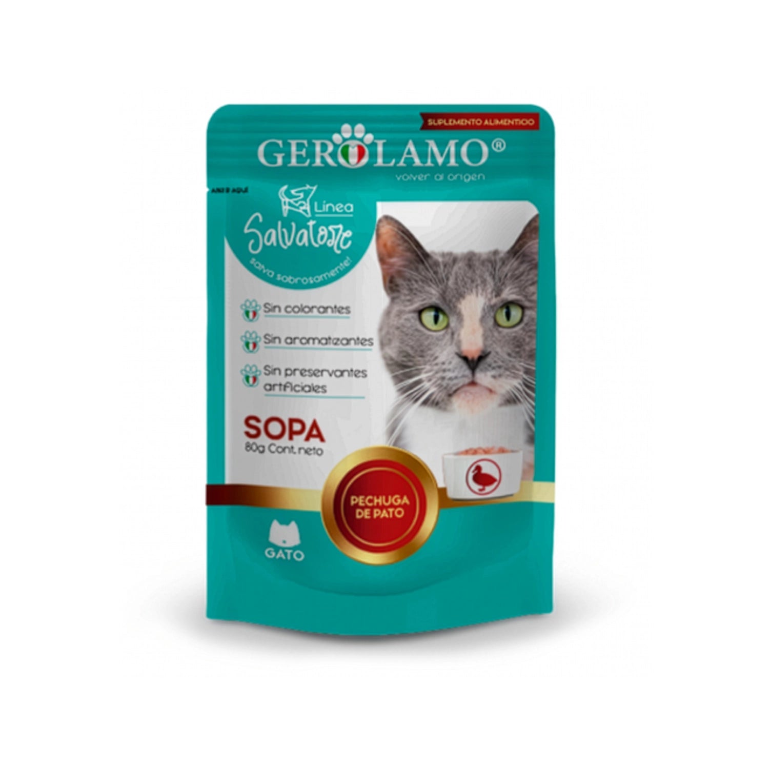 Gerolamo Salvatore Sopa Pato para Gatos, alimento húmedo con pechuga de pato en pouch de 80 g.