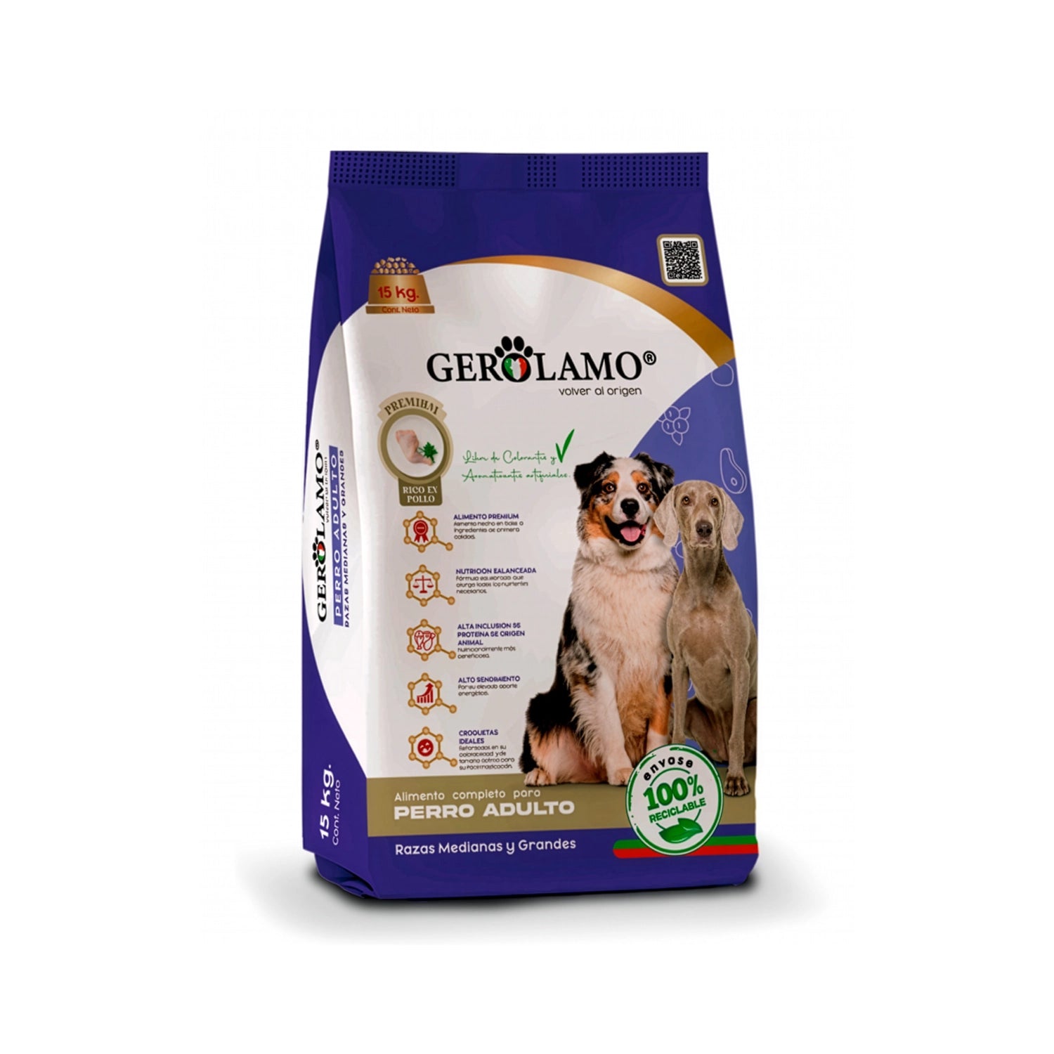 Gerolamo para Perros Razas Medianas y Grandes, alimento completo para adultos con pollo, en saco de 15 kg.