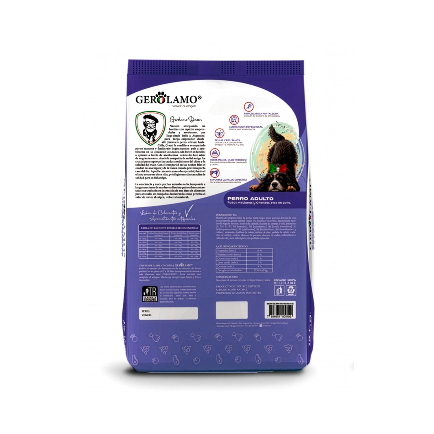 Gerolamo para Perros Razas Medianas y Grandes, alimento completo para adultos con pollo, en saco de 15 kg.