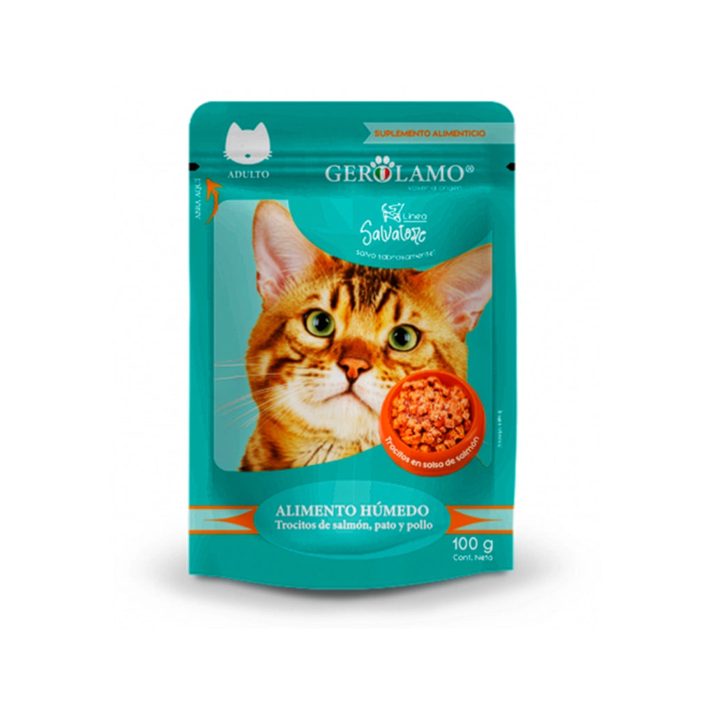 Gerolamo Salvatore Pouch Salmón para Gatos, alimento húmedo con trocitos de salmón, pato y pollo en pouch de 100 g.