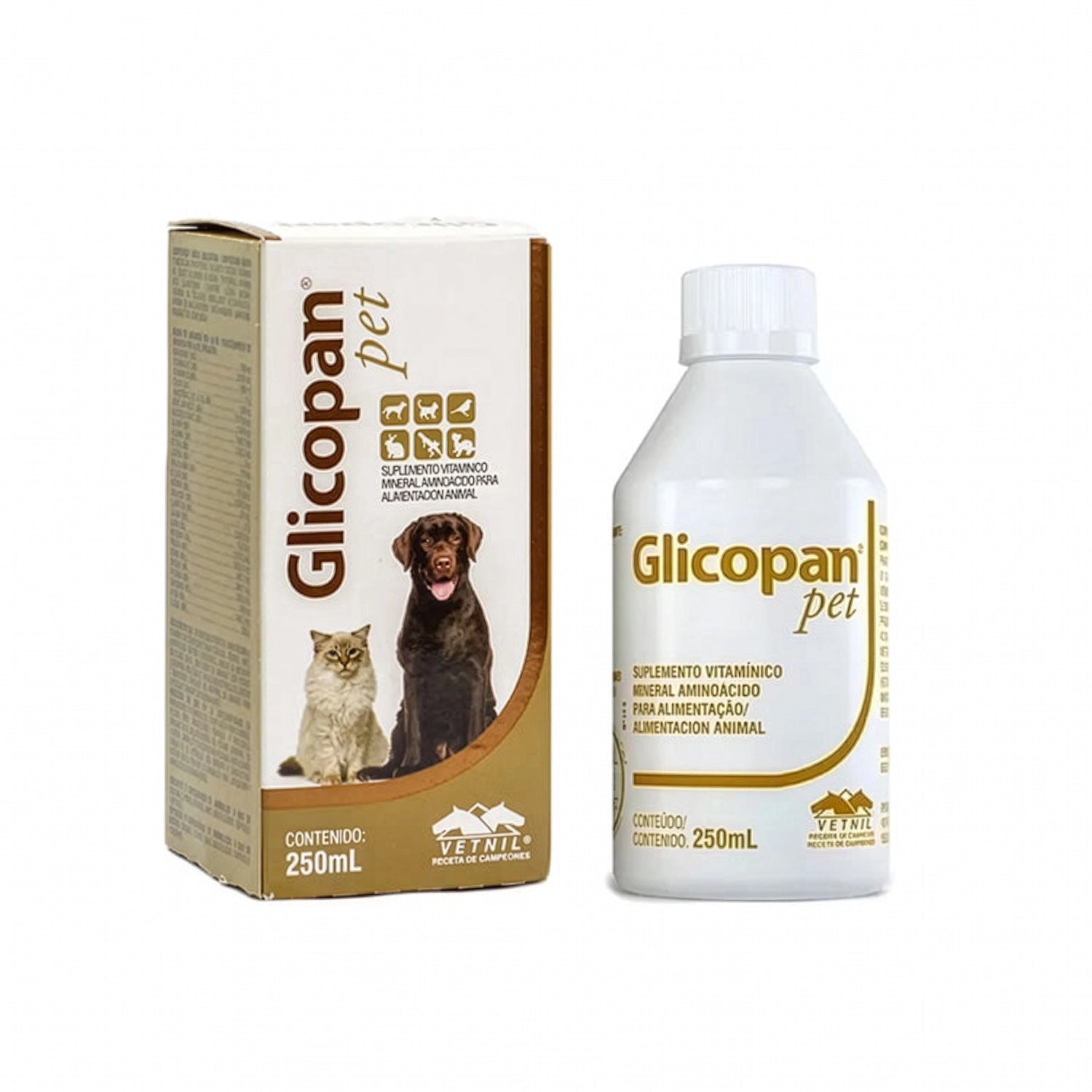 Glicopan 250 ml Vetnil con frasco y caja de suplemento vitamínico para perros y gatos en presentación líquida.