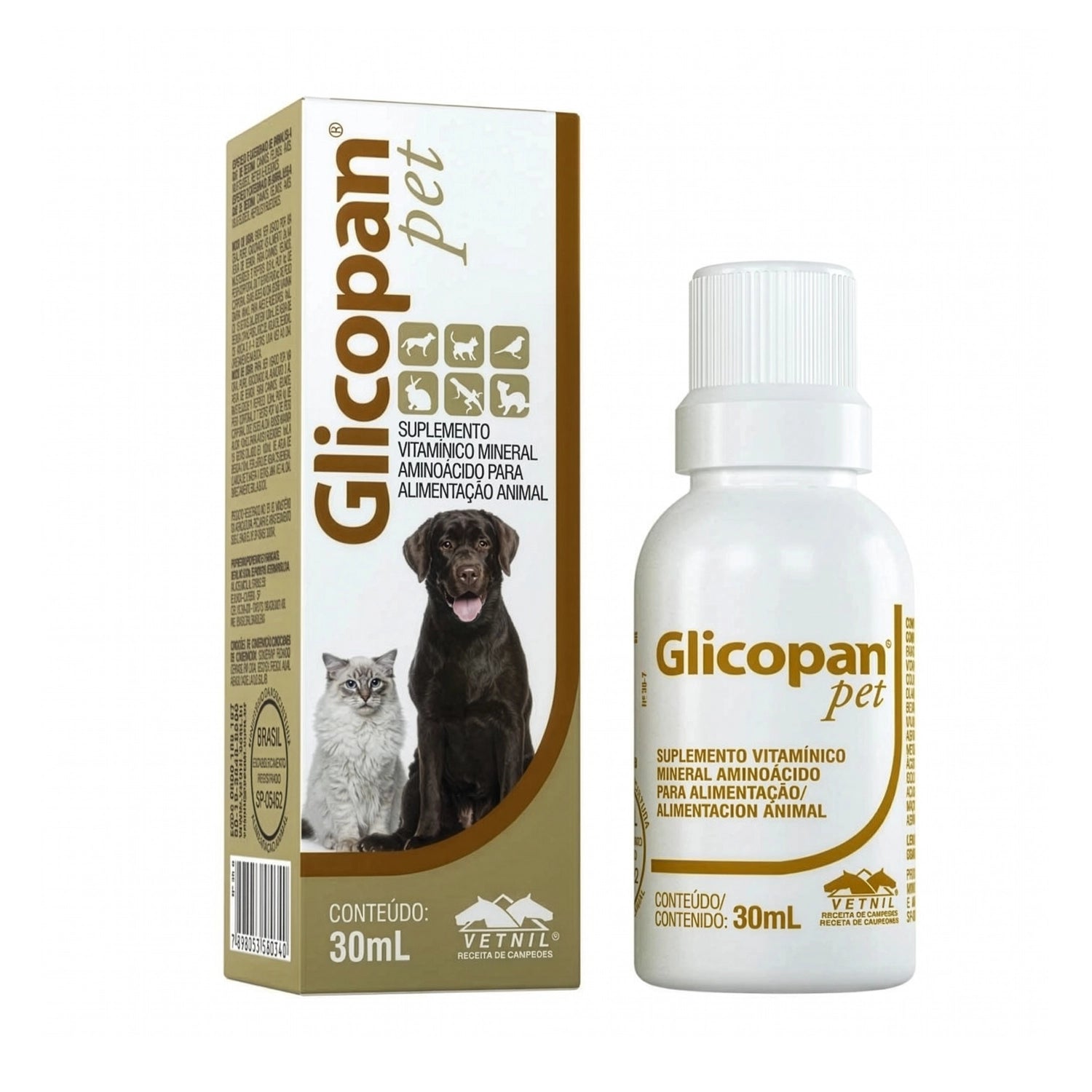 Frasco y empaque de Glicopan pet 30 ml con suplemento vitamínico mineral aminoácido para alimentación animal.