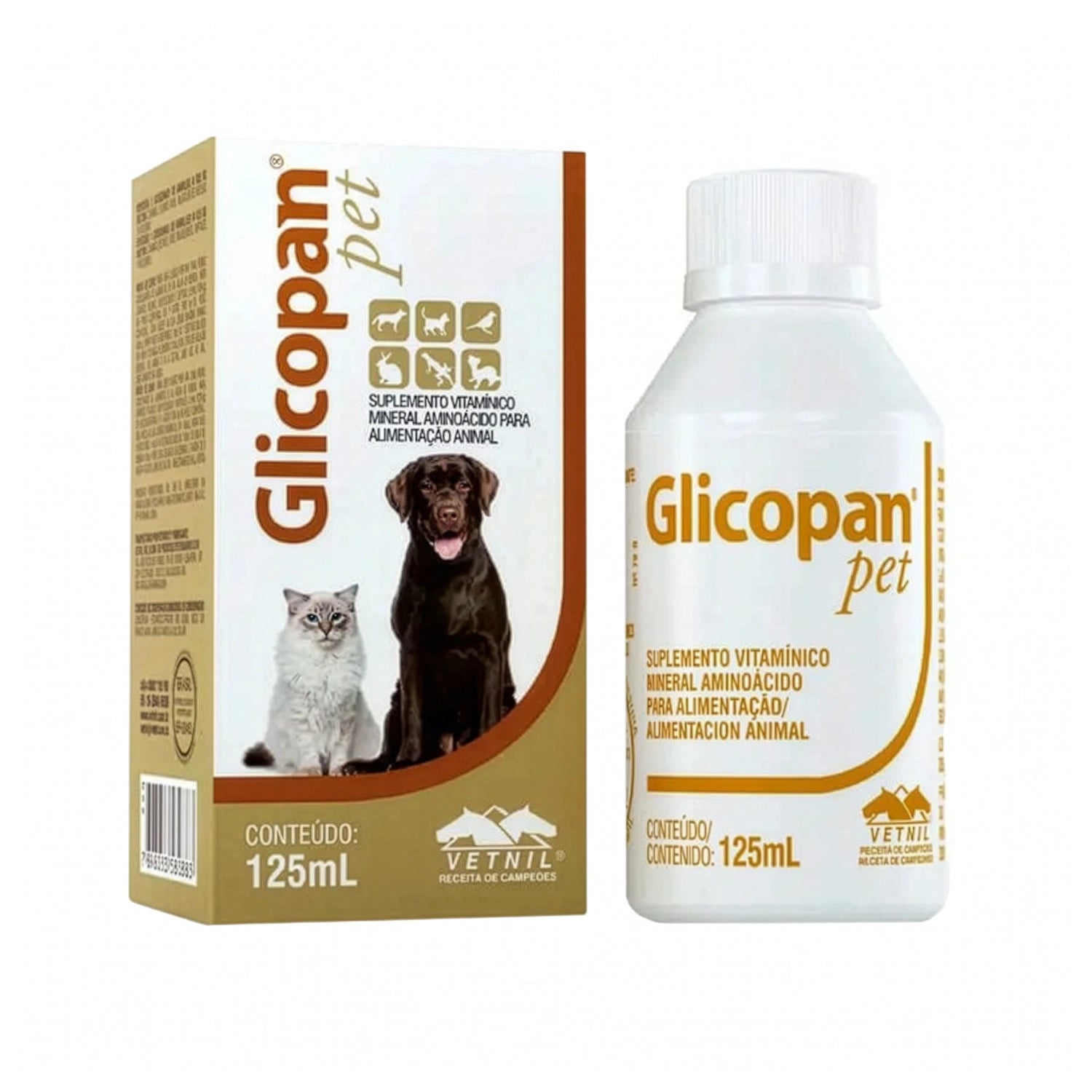 Glicopan 125 ml Vetnil en presentación con frasco y caja para perros y gatos con suplemento aminoácido.