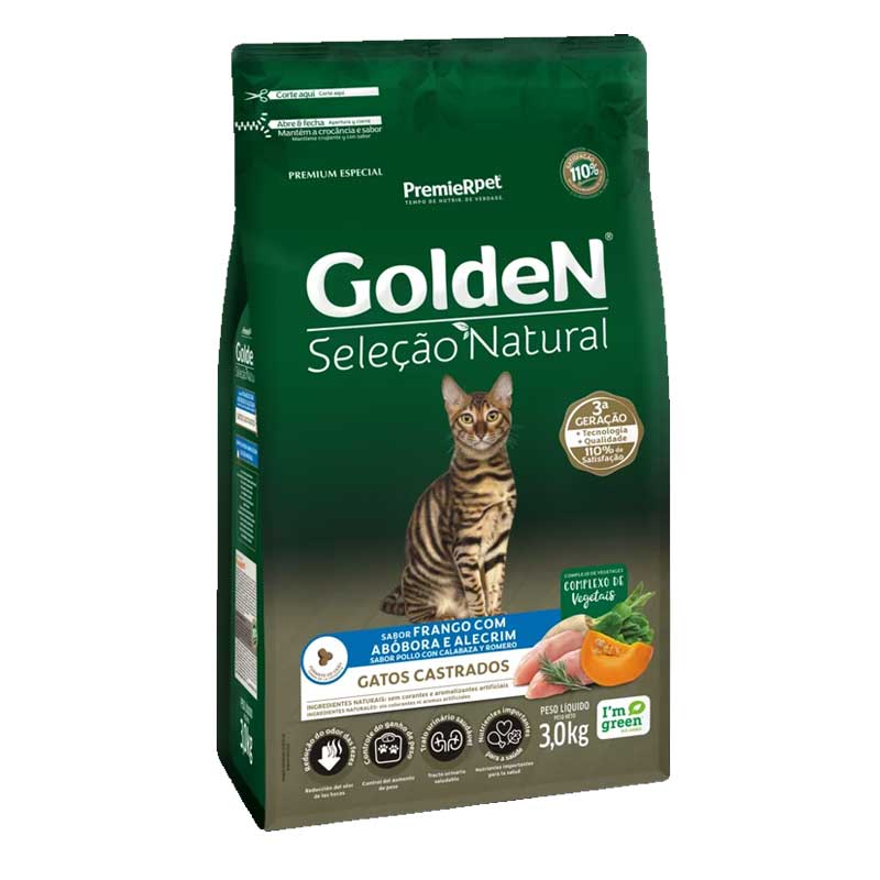 GoldeN Selección Natural Pollo, Calabaza y Romero para Gatos Castrados - 3 Kg