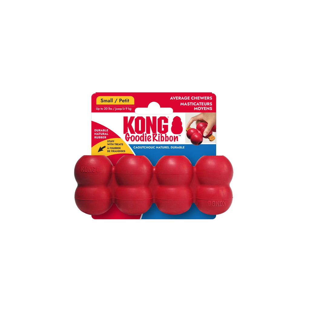 Juguete Kong "Goodie Ribbon" color rojo para perros, mordedor de goma resistente con diseño segmentado para premios y snacks.