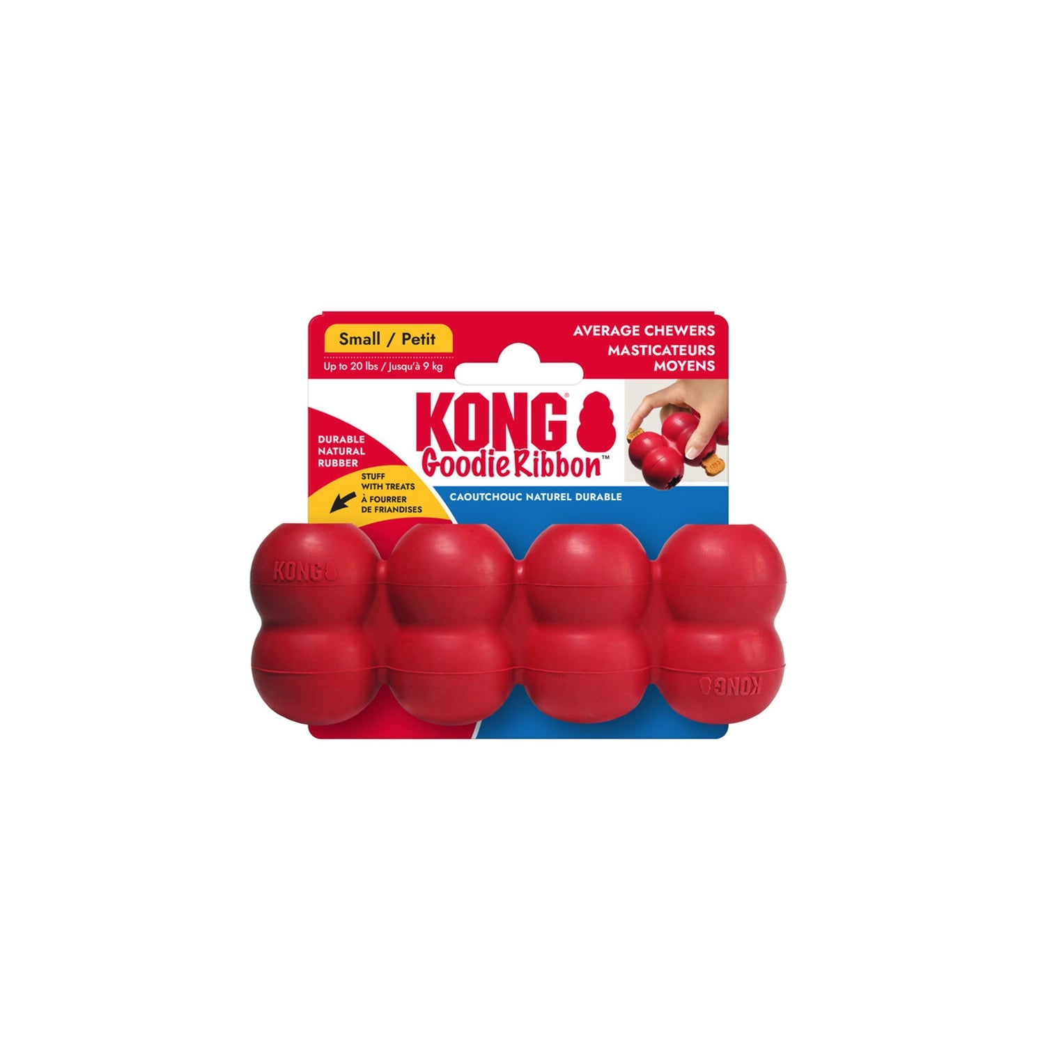 Juguete Kong "Goodie Ribbon" color rojo para perros, mordedor de goma resistente con diseño segmentado para premios y snacks.