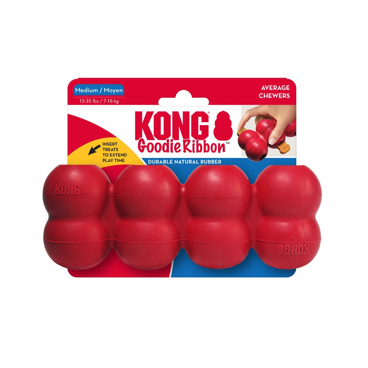 Juguete Kong "Goodie Ribbon" color rojo para perros, mordedor de goma resistente con diseño segmentado para premios y snacks.