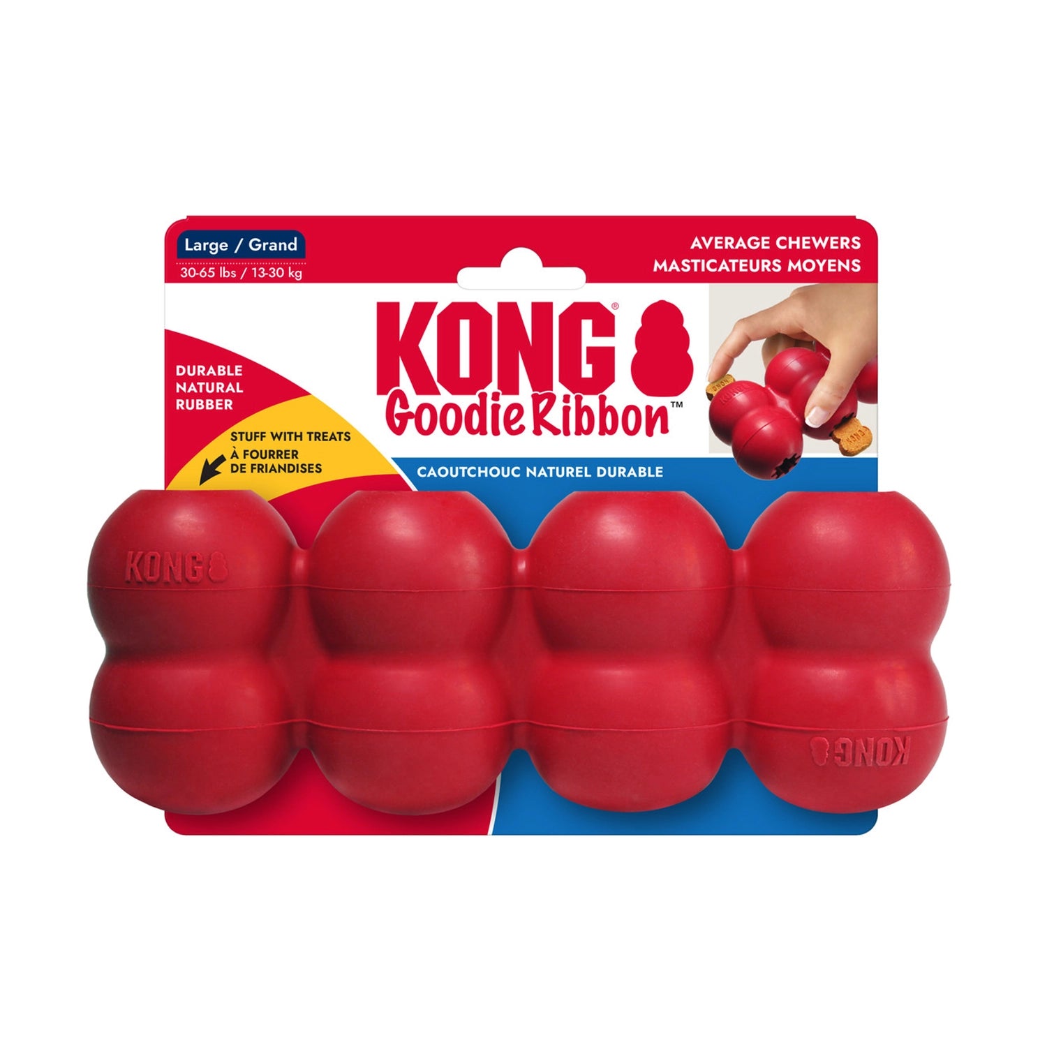 Juguete Kong "Goodie Ribbon" color rojo para perros, mordedor de goma resistente con diseño segmentado para premios y snacks.