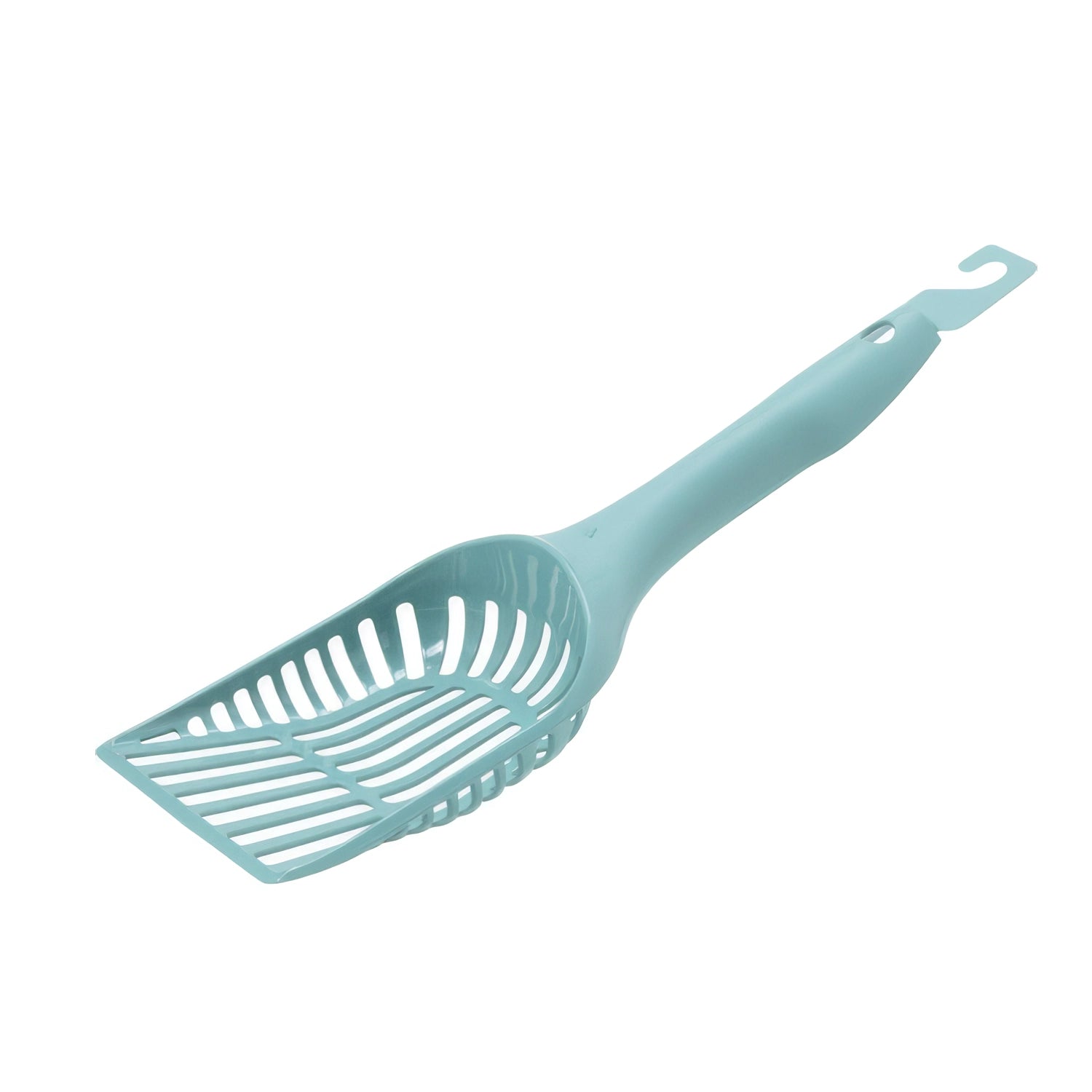 Pala Handy Scoop Moderna color celeste con ranuras amplias para filtrar arena, mango ergonómico y gancho para colgar.
