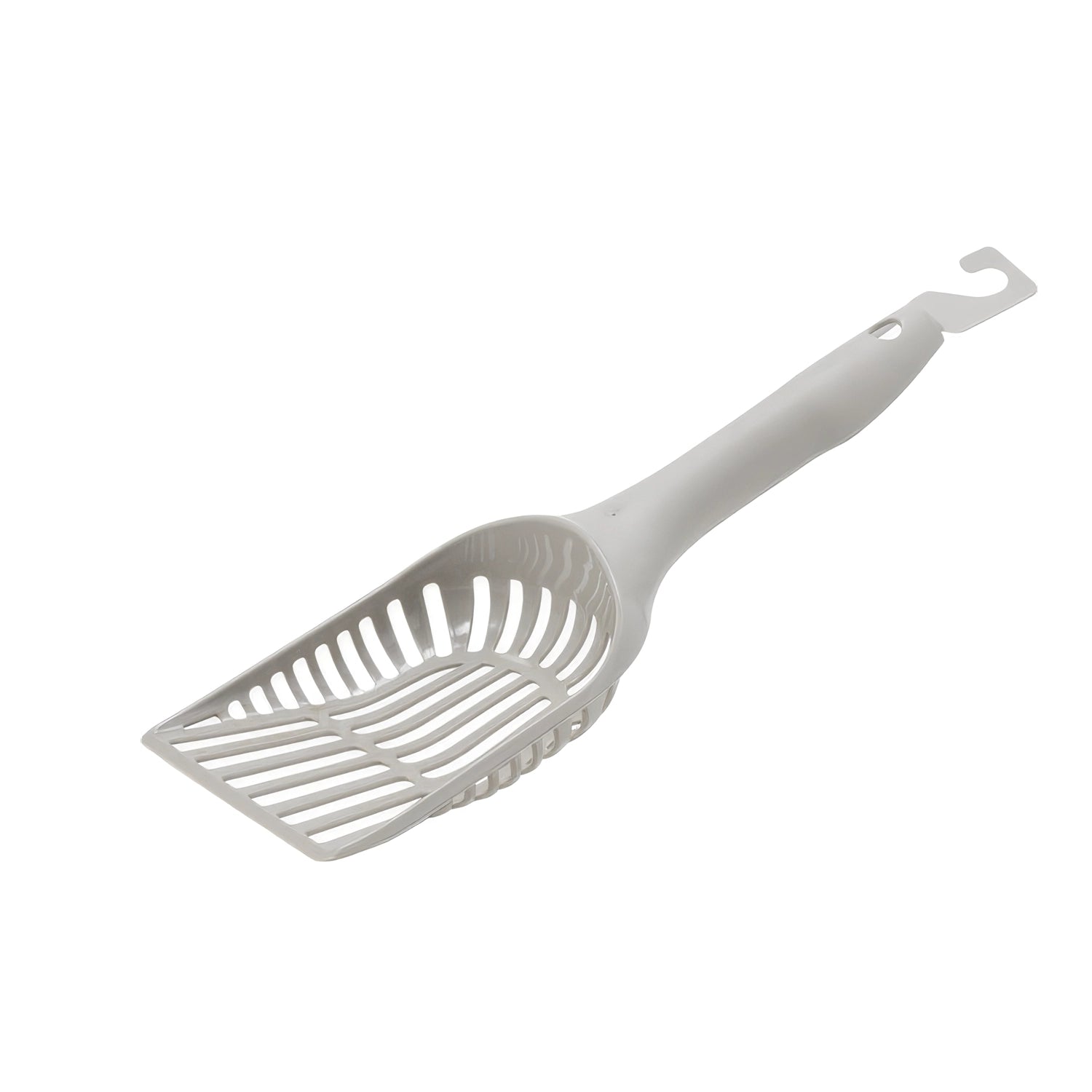 Pala Handy Scoop Moderna color gris con ranuras amplias para filtrar arena, mango ergonómico y gancho para colgar.