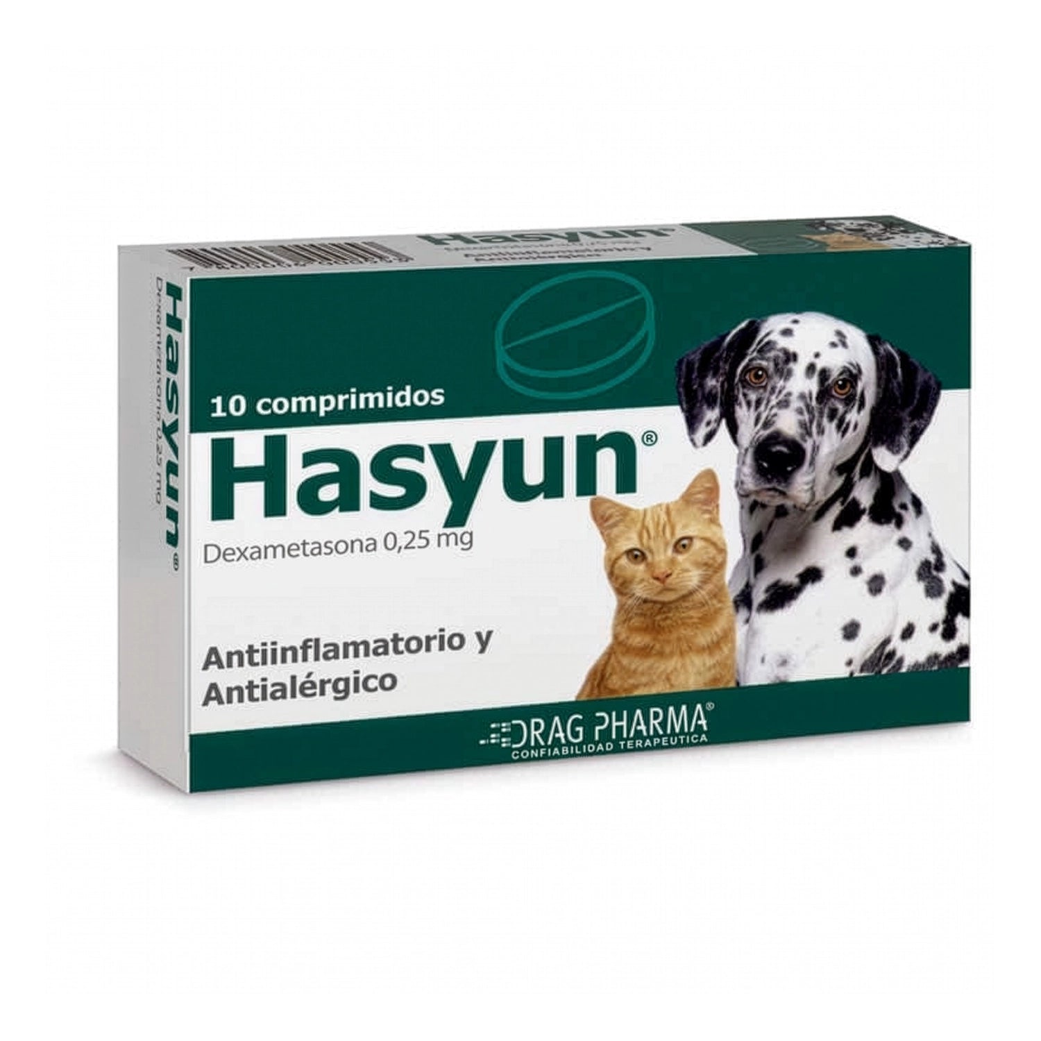 Caja de Hasyun Comprimido Oral con dexametasona para perros y gatos en presentación veterinaria de 10 comprimidos.