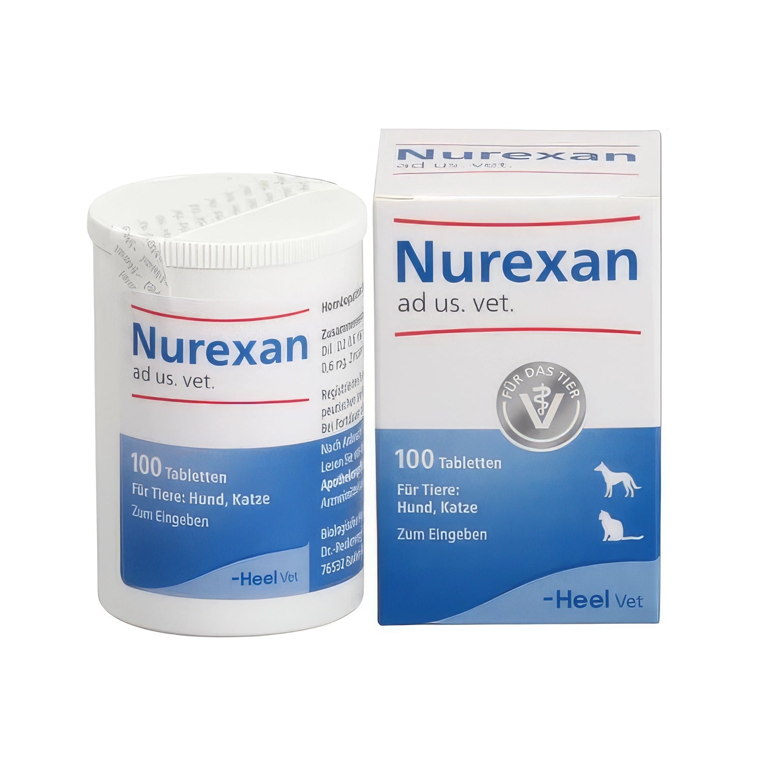 Heel Vet Nurexan x 100 comprimidos en frasco y caja, presentación veterinaria para perros y gatos con diseño azul y blanco.