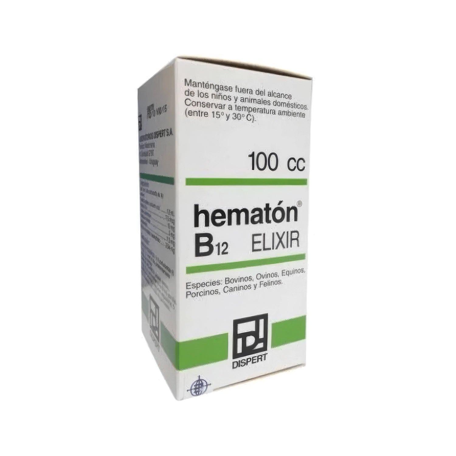 Hematon B12 Elixir en presentación de 100 cc, suplemento veterinario en caja blanca y verde para perros, gatos y otras especies.