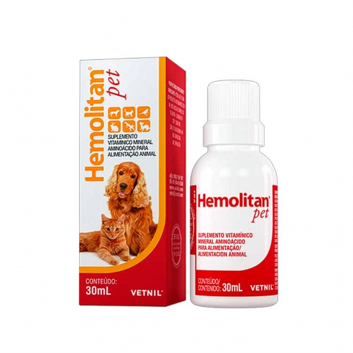 Hemolitan Pet Suplemento Vitamínico 30 mL para alimentación animal con diseño de perro y gato en envase rojo.