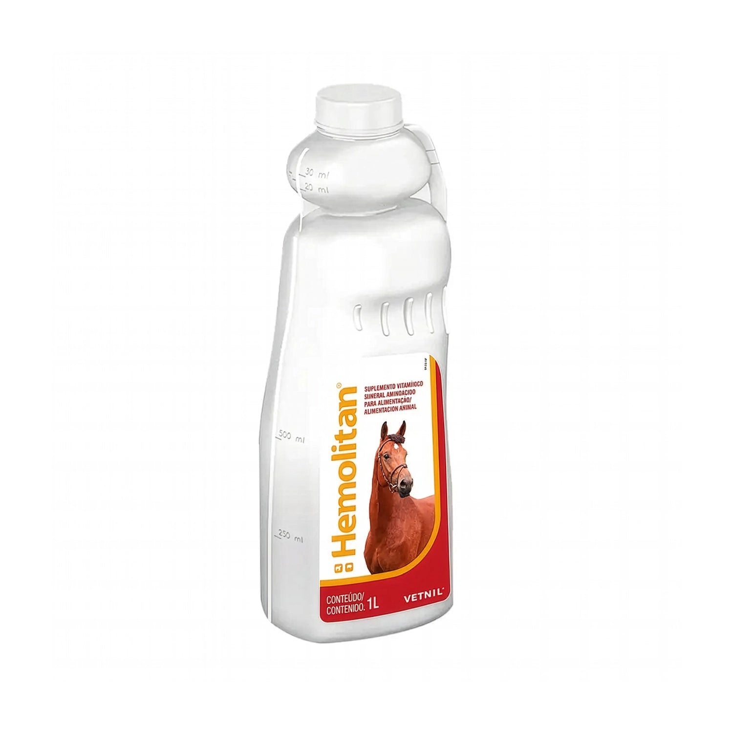 Hemolitan Suplemento para Equinos 1 Litro de Vetnil, suplemento líquido en botella blanca con dosificador graduado.