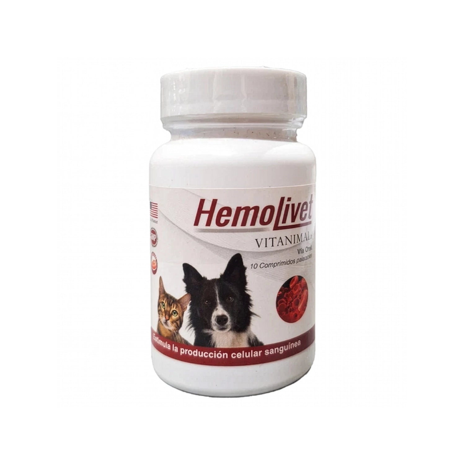 Hemolivet para Perros y Gatos suplemento veterinario en frasco blanco para estimular la producción celular sanguínea.
