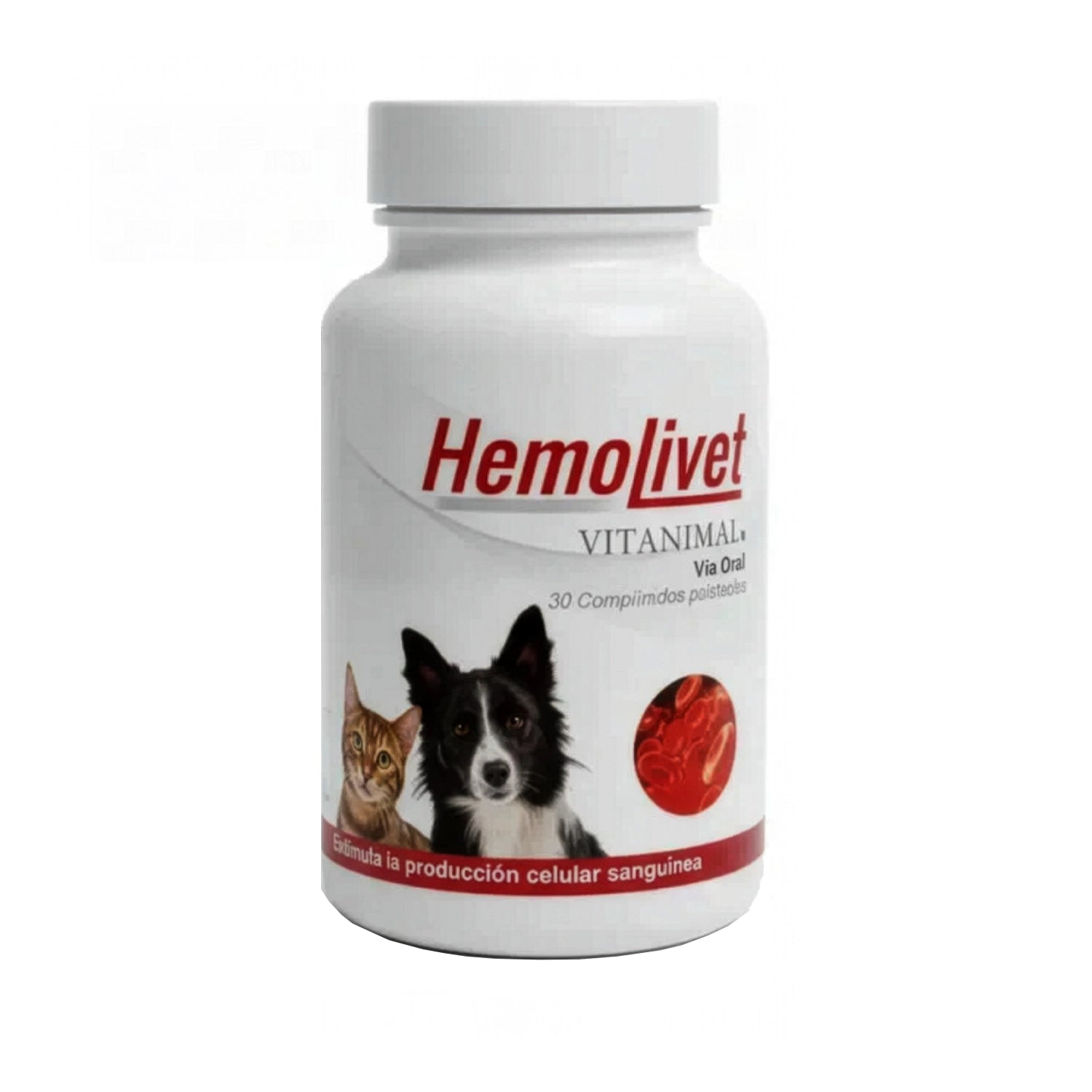 Hemolivet para Perros y Gatos suplemento veterinario en frasco blanco para estimular la producción celular sanguínea.