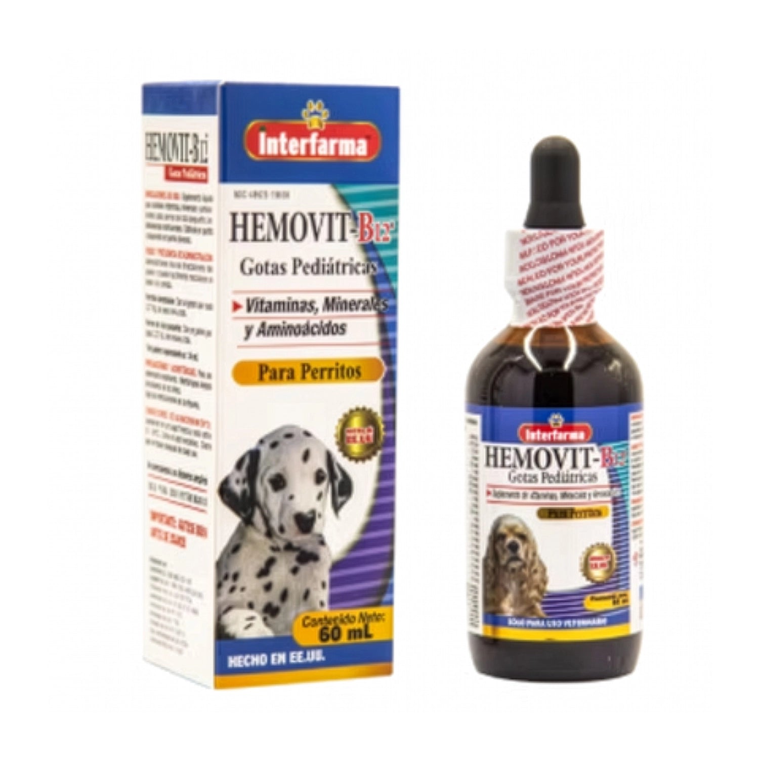 Hemovit B12 Solución Oral 60 ml para perritos, frasco con gotario y caja con vitaminas, minerales y aminoácidos.